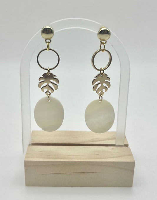 Flat Shell and Gold Monstera Leaf Earrings